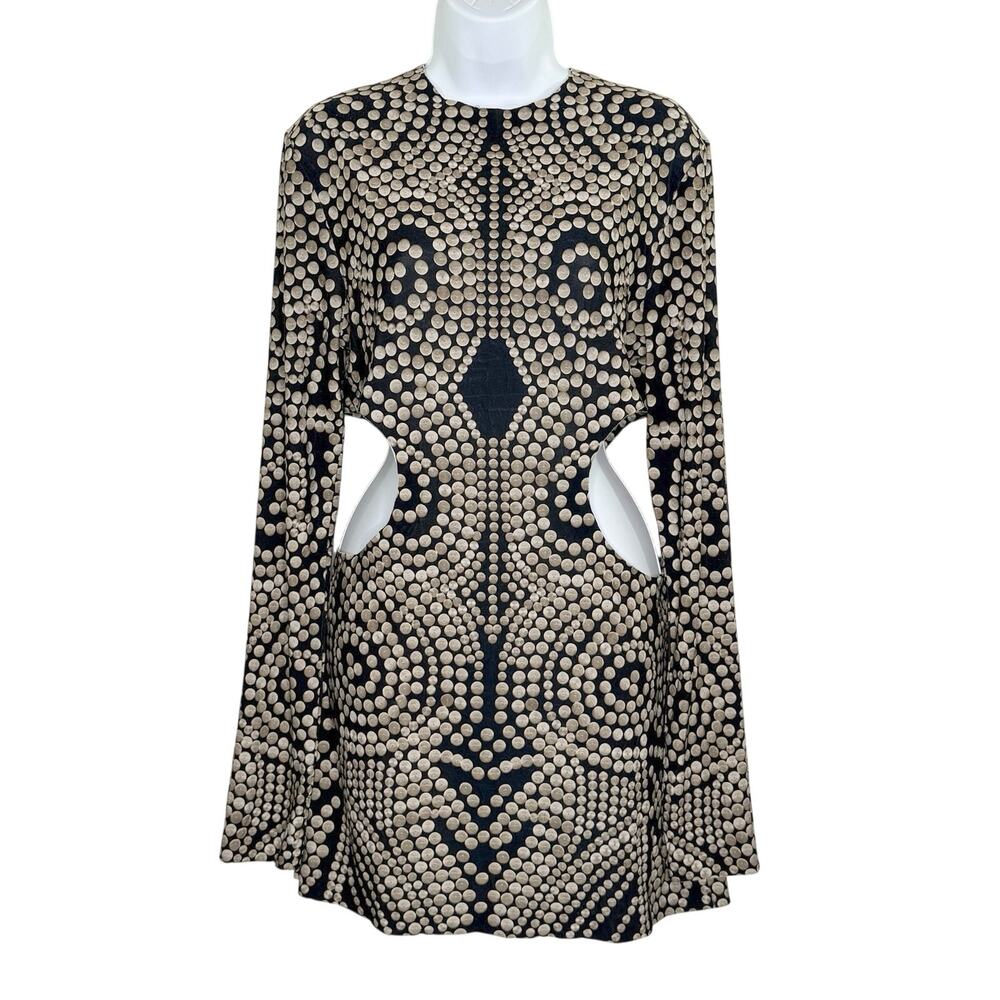 Norma Kamali Cut Out Dress in Studs L Slinky Jersey Fabric All Over Print Party